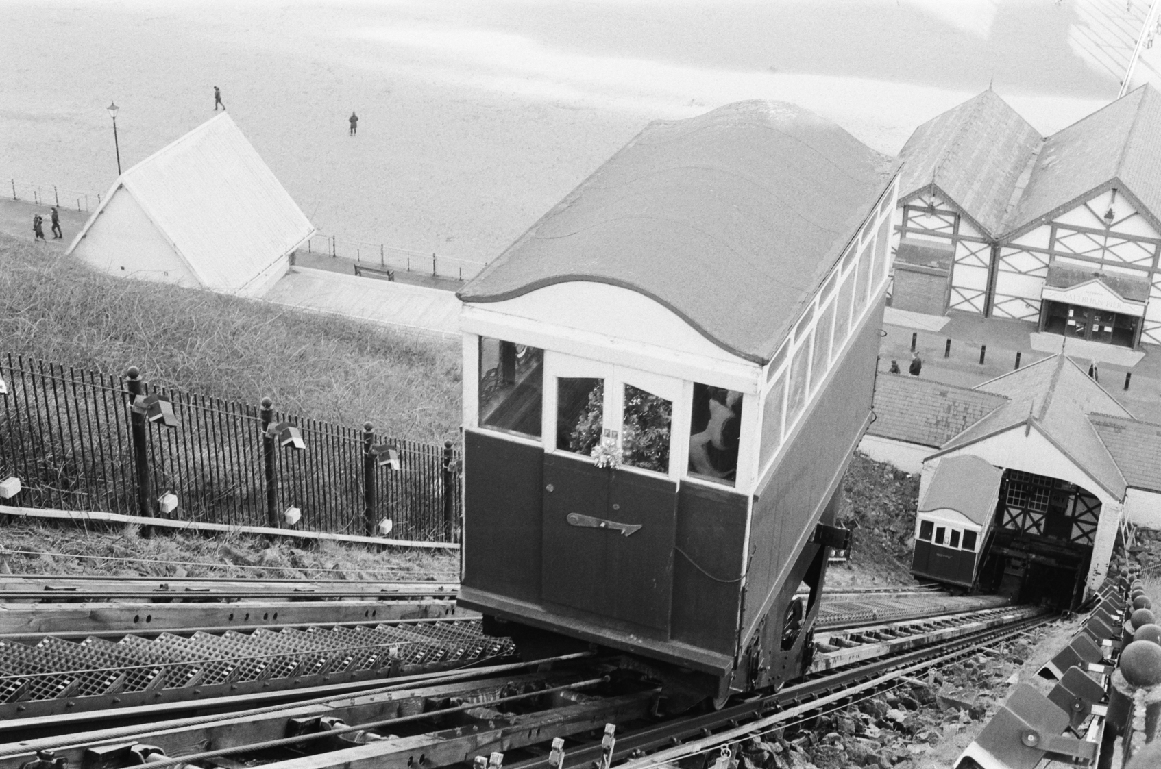 a cliff lift carriage making its way up